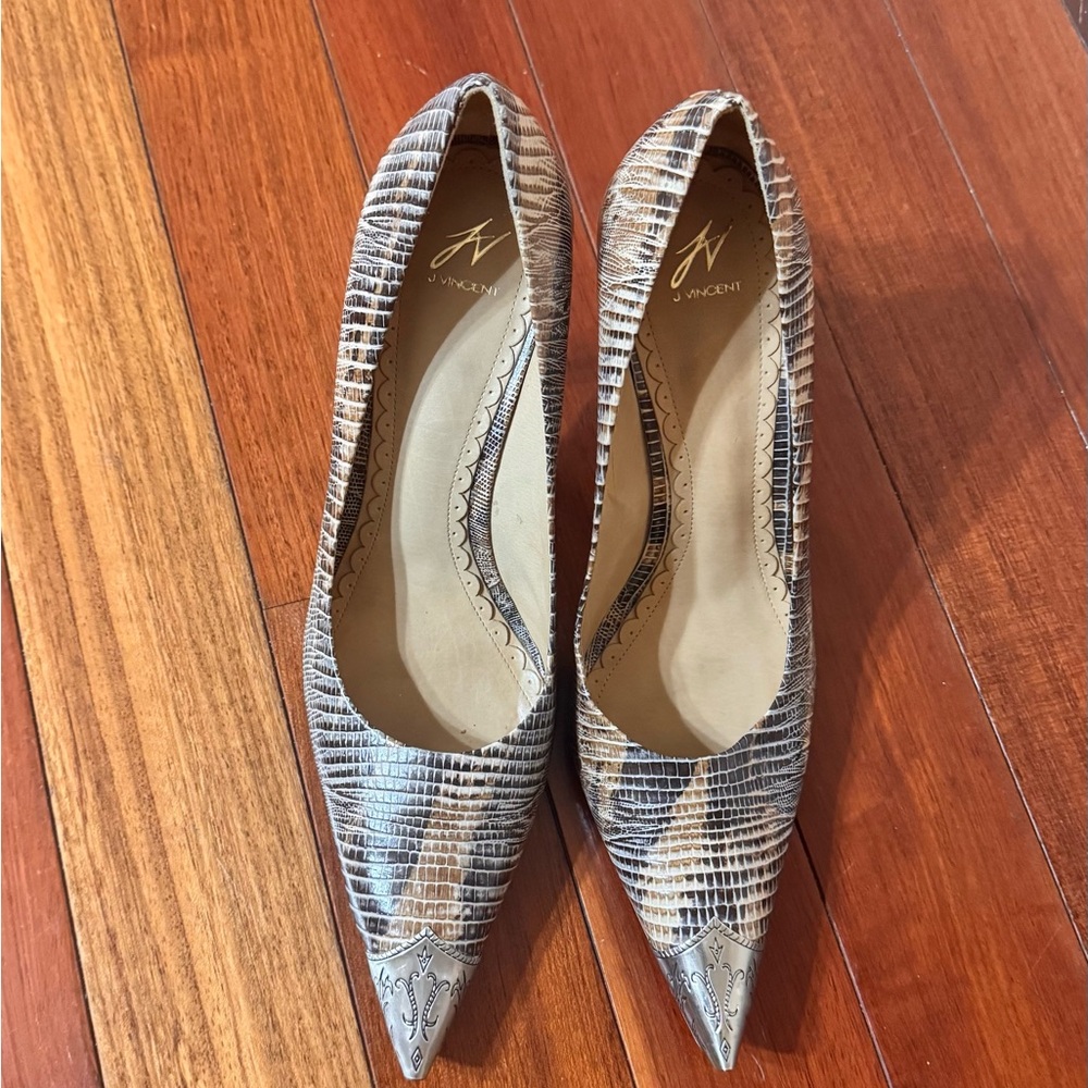 Pointed-Toe Snake-Print Pumps in Taupe